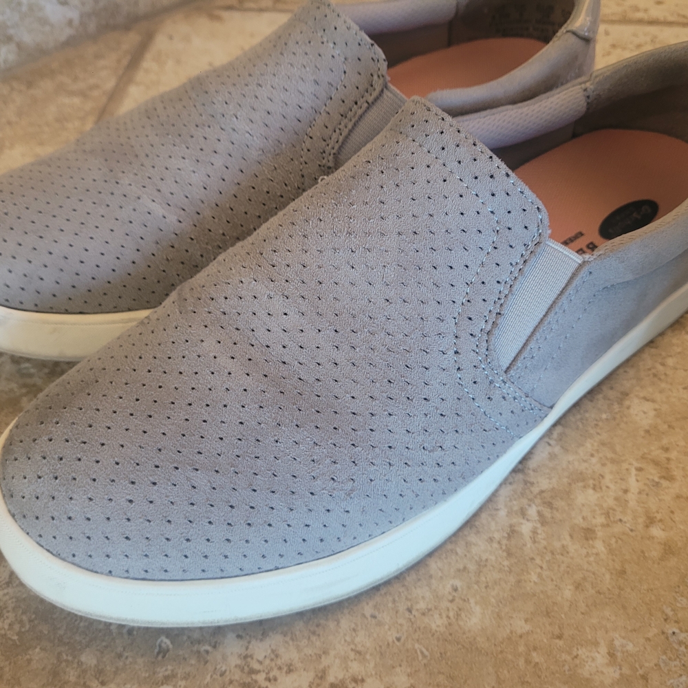 DR SCHOLLS Women's Slip-On Perforated Suede Flats in Light Gray
